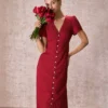 The Red V Neck Shirred Puff Sleeve Midi Dress
