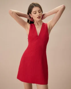 The Red V Neck Sleeveless Linen Mini Dress 8 The Red V Neck Sleeveless Linen Mini Dress -Deals Dress N Swimwear Store the red v neck solid mini dress dresses 6itg0v