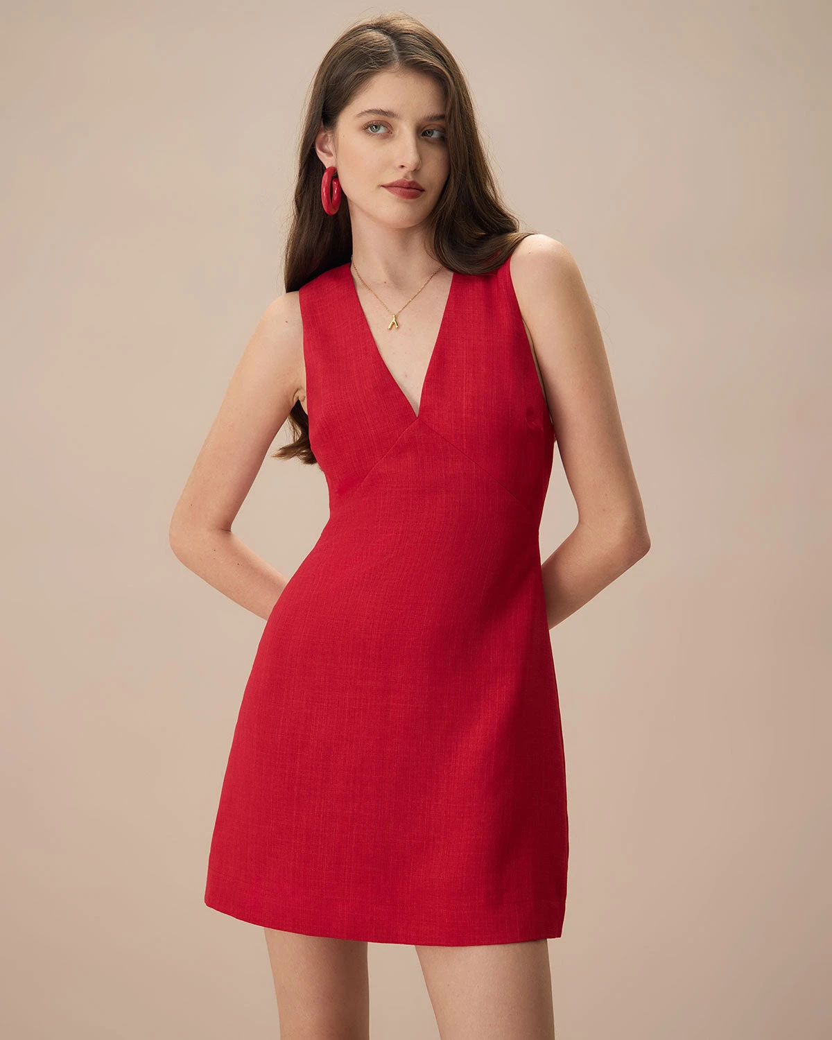 The Red V Neck Sleeveless Linen Mini Dress 1 The Red V Neck Sleeveless Linen Mini Dress