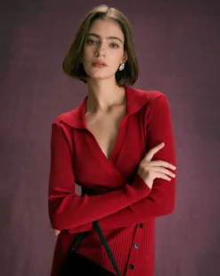 The Red V Neck Button Up Wrap Midi Dress -Deals Dress N Swimwear Store the red v neck wrap button midi dress dresses rpkxfn