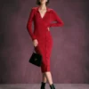 The Red V Neck Button Up Wrap Midi Dress