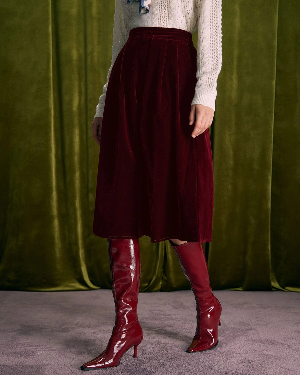 The Red High Waisted Velvet Midi Skirt 1 The Red High Waisted Velvet Midi Skirt