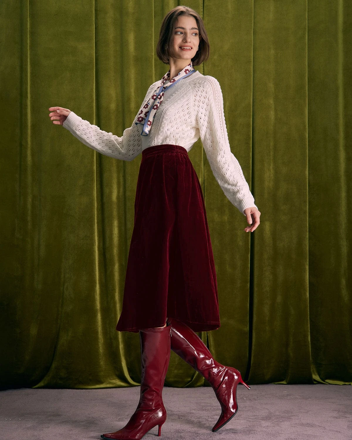 The Red High Waisted Velvet Midi Skirt 4 The Red High Waisted Velvet Midi Skirt - Image 4