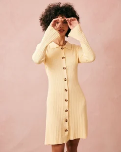 The Yellow Ribbed Long Sleeve Knit Mini Dress -Deals Dress N Swimwear Store the ribbed knit flare sleeve mini dress dresses keyud9 947557