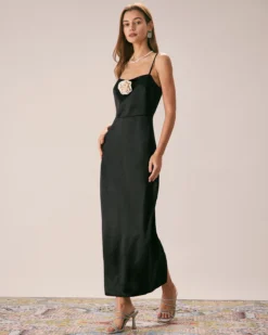The Black Rosette Satin Strap Maxi Dress 8 The Black Rosette Satin Strap Maxi Dress -Deals Dress N Swimwear Store the rosette satin maxi dress black dresses qfl1qq