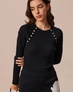 The Black Round Neck Button Ribbed Knit Top -Deals Dress N Swimwear Store the round neck button knit top tops 5f25rv 237765