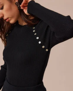 The Black Round Neck Button Ribbed Knit Top -Deals Dress N Swimwear Store the round neck button knit top tops kkmhgb 533455