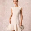 The Beige Button-Shoulder Flounce Mini Dress