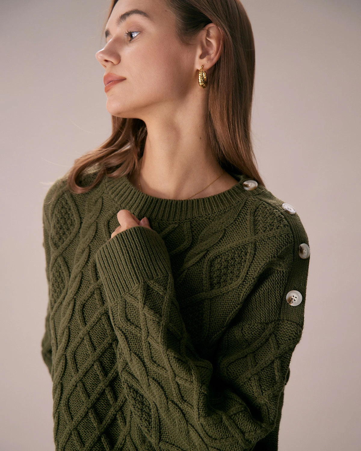 The Green Round Neck Button Shoulder Sweater 2 The Green Round Neck Button Shoulder Sweater - Image 2