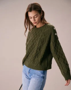 The Green Round Neck Button Shoulder Sweater