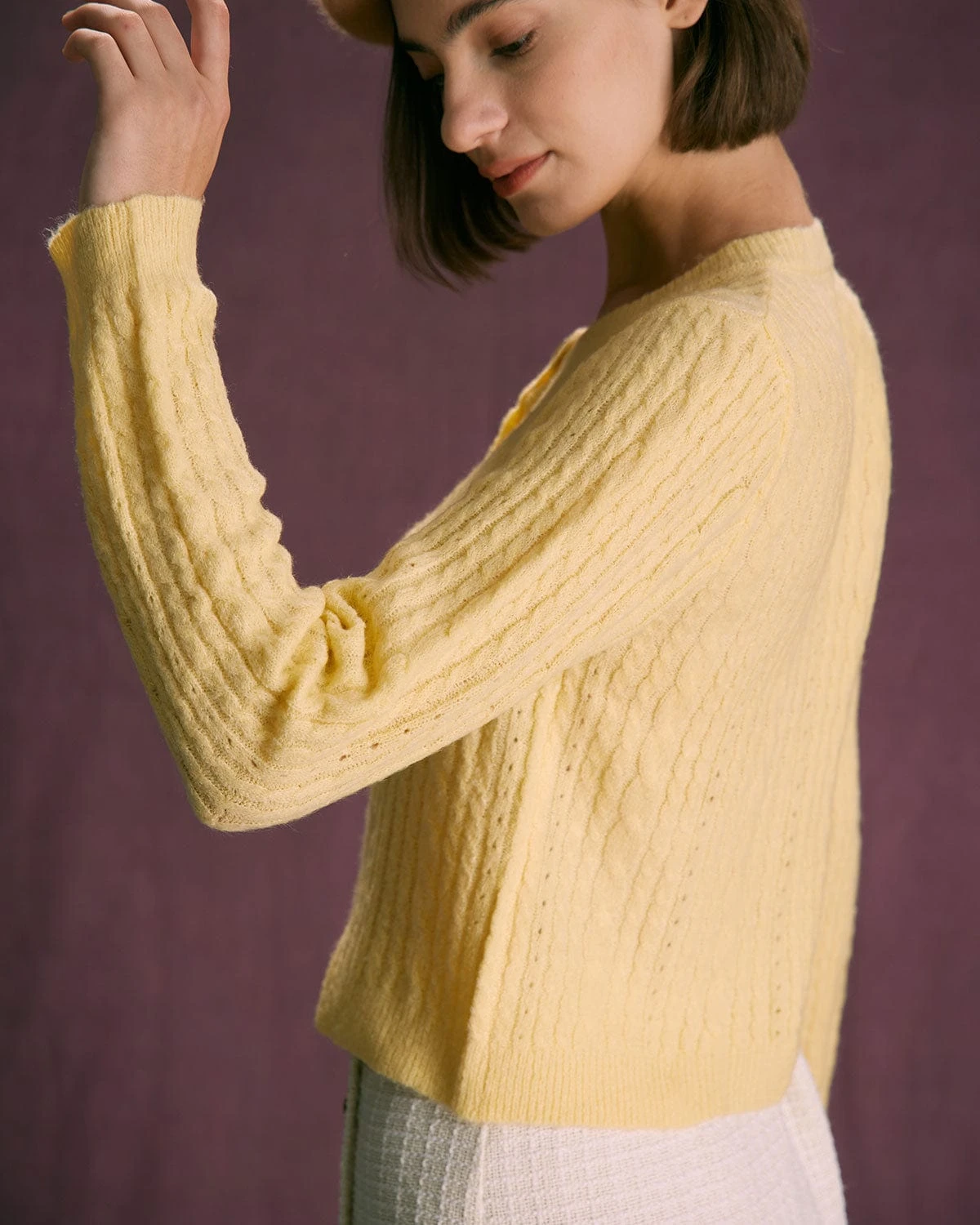 The Yellow Round Neck Cable Ribbed Cardigan 5 The Yellow Round Neck Cable Ribbed Cardigan - Image 5