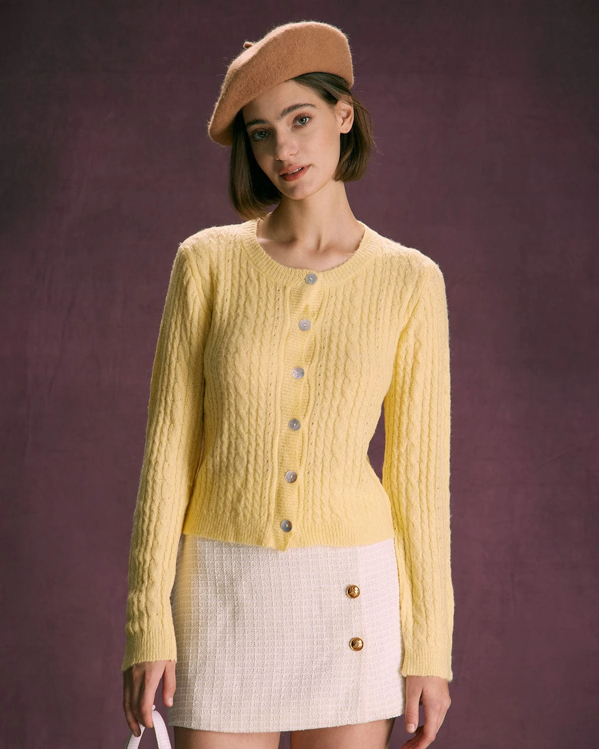 The Yellow Round Neck Cable Ribbed Cardigan 1 The Yellow Round Neck Cable Ribbed Cardigan