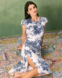 The Round Neck Cap Sleeve Floral Midi Dress -Deals Dress N Swimwear Store the round neck cap sleeve floral midi dress dresses dygqpt