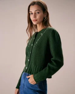 The Green Round Neck Embroidery Cardigan 8 The Green Round Neck Embroidery Cardigan -Deals Dress N Swimwear Store the round neck embroidery pointelle cardigan tops vykvdi