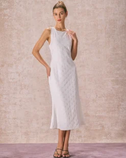 The White Round Neck Floral Jacquard Sleeveless Midi Dress -Deals Dress N Swimwear Store the round neck floral jacquar dress dresses m5mnwe