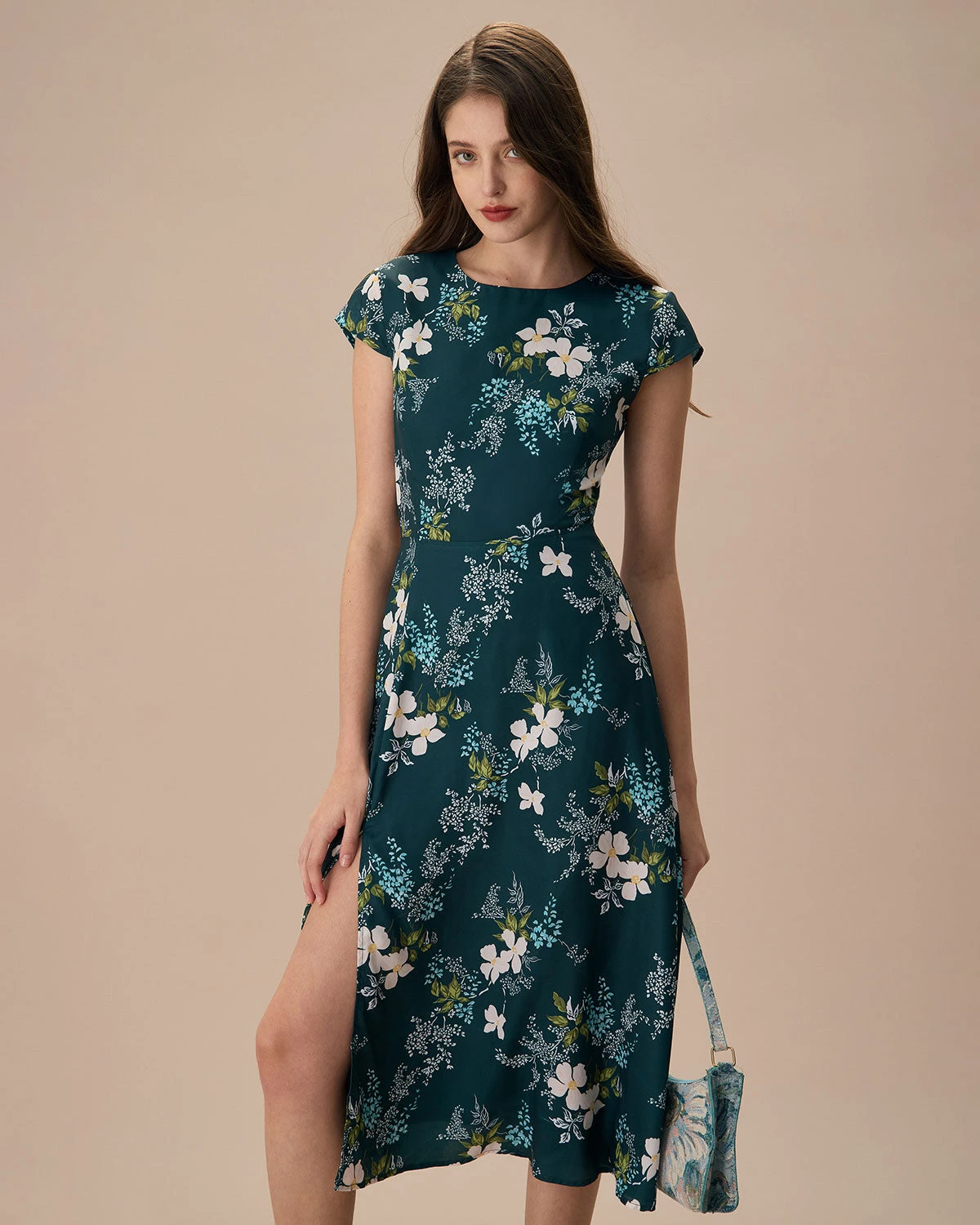 The Green Round Neck Cutout Floral Midi Dress 1 The Green Round Neck Cutout Floral Midi Dress