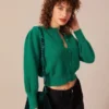 The Green Ribbed Lantern Sleeve Cardigan