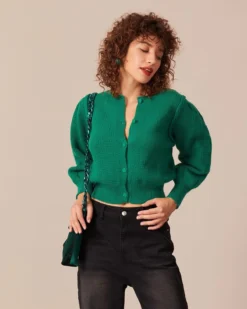 The Green Ribbed Lantern Sleeve Cardigan -Deals Dress N Swimwear Store the round neck lantern sleeve cardigan tops kihqct 247482