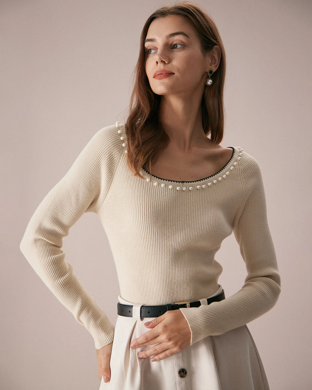 The Apricot Round Neck Pearl Trim Knit Top 1 The Apricot Round Neck Pearl Trim Knit Top