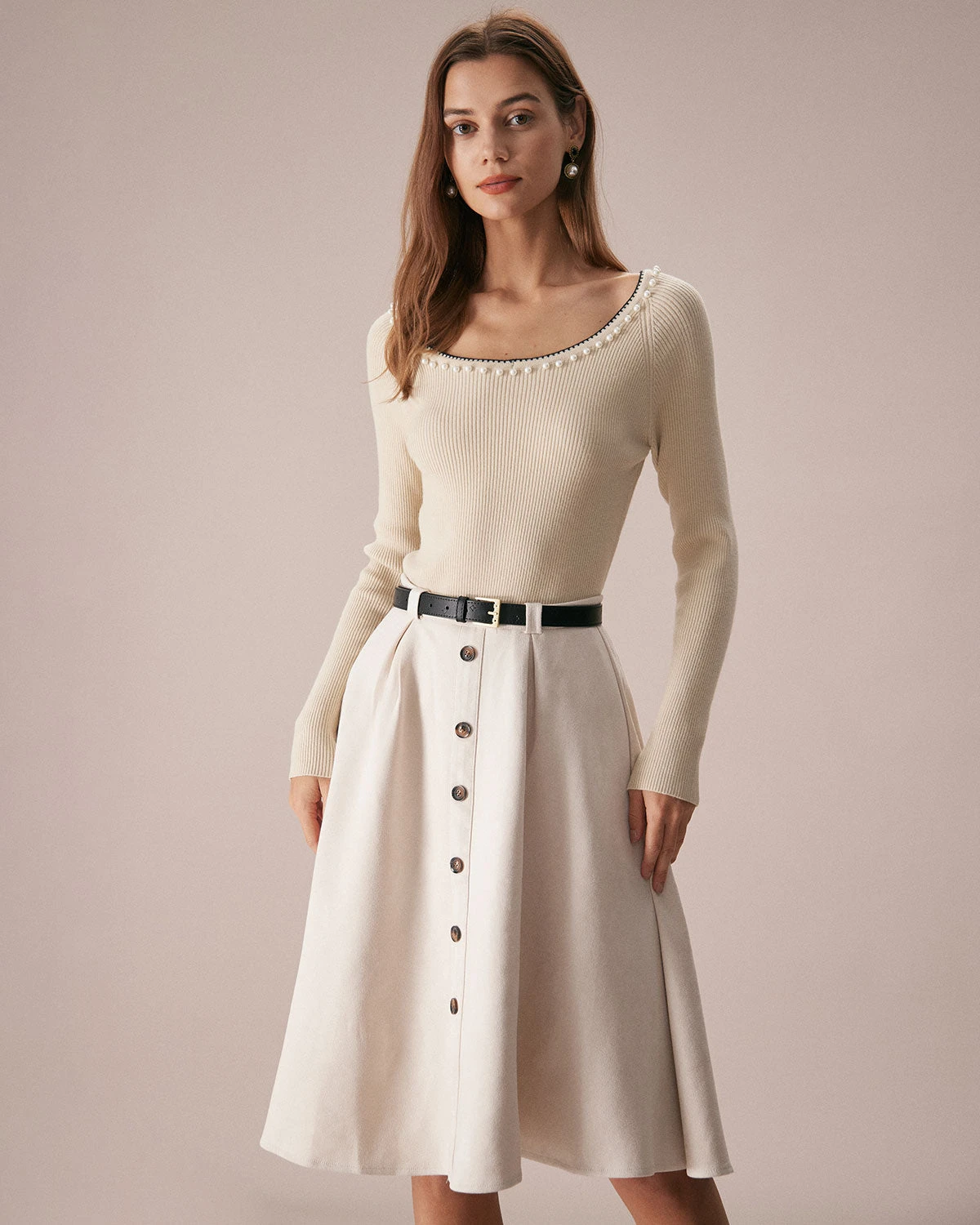 The Apricot Round Neck Pearl Trim Knit Top 3 The Apricot Round Neck Pearl Trim Knit Top - Image 3