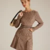 The Brown Round Neck Plaid Button Mini Dress
