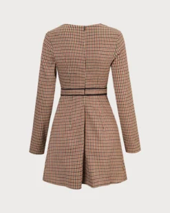 The Brown Round Neck Plaid Button Mini Dress -Deals Dress N Swimwear Store the round neck plaid long sleeve dress dresses kw9inu