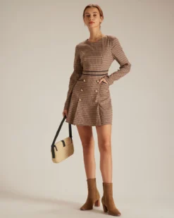 The Brown Round Neck Plaid Button Mini Dress -Deals Dress N Swimwear Store the round neck plaid long sleeve dress dresses m4yyod