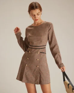 The Brown Round Neck Plaid Button Mini Dress -Deals Dress N Swimwear Store the round neck plaid long sleeve dress dresses uyqsig