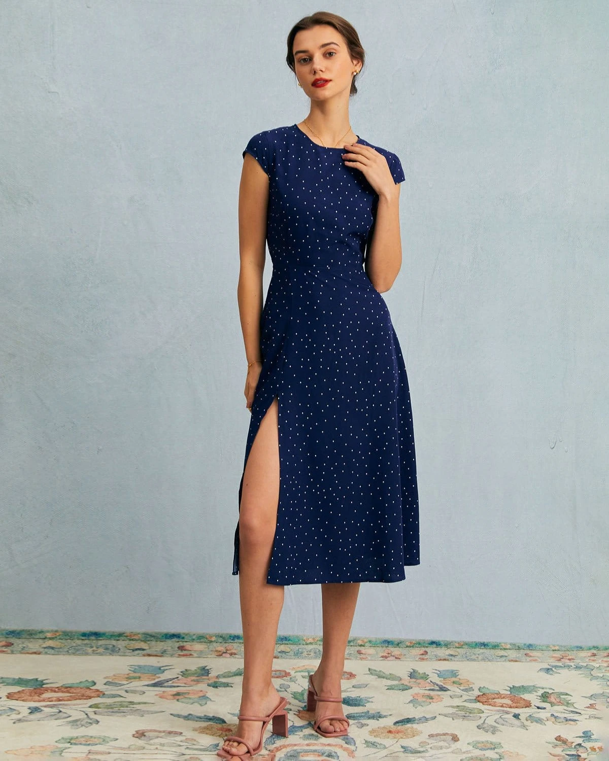 The Navy Round Neck Polka Dot Cutout Midi Dress 1 The Navy Round Neck Polka Dot Cutout Midi Dress