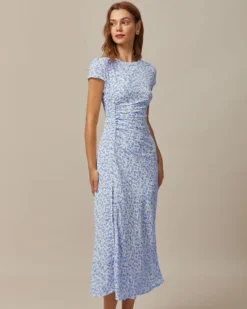 The Blue Round Neck Floral Slit Midi Dress -Deals Dress N Swimwear Store the round neck ruched floral dress dresses v6wzao df202222 0452 49c7 b3a7 2087459db0a4
