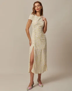 The Yellow Round Neck Floral Midi Dress 10 The Yellow Round Neck Floral Midi Dress -Deals Dress N Swimwear Store the round neck ruched floral dress yellow dresses uxt0lo 758017