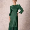 The Green Spliced Ruffle Poet Sleeve Midi Dress