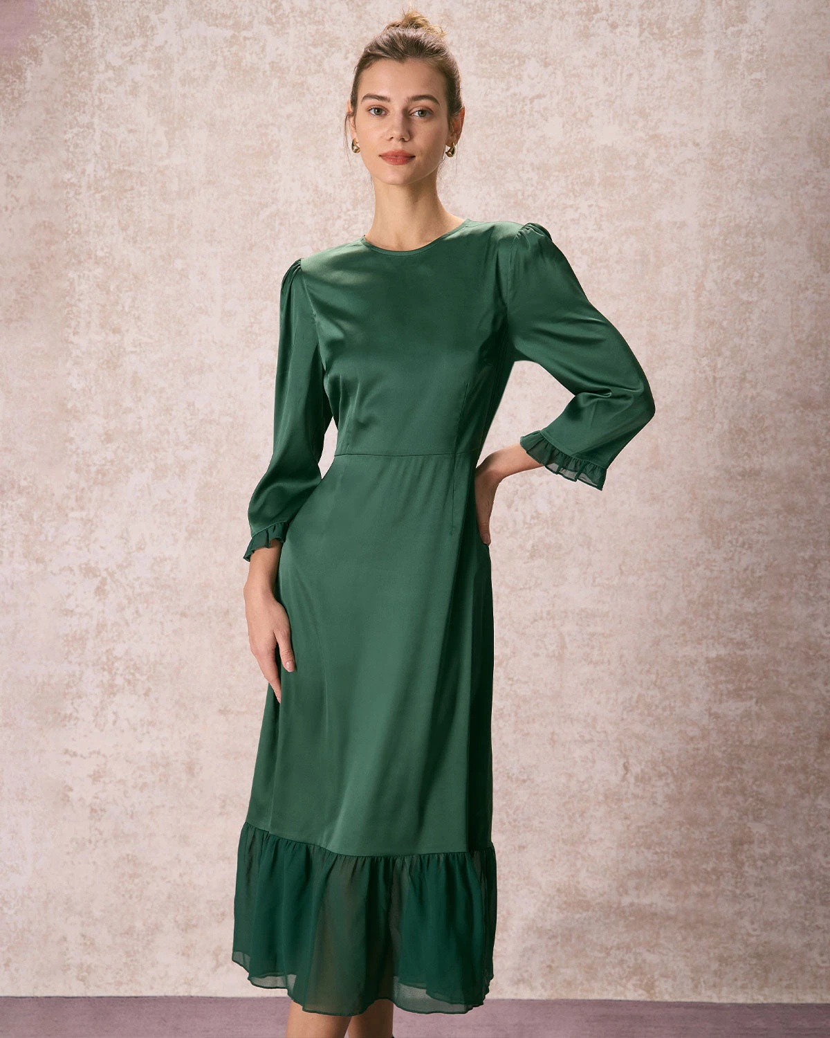 The Green Spliced Ruffle Poet Sleeve Midi Dress 1 The Green Spliced Ruffle Poet Sleeve Midi Dress