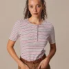The Red Round Neck Button Striped Tee