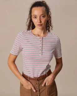 The Red Round Neck Button Striped Tee