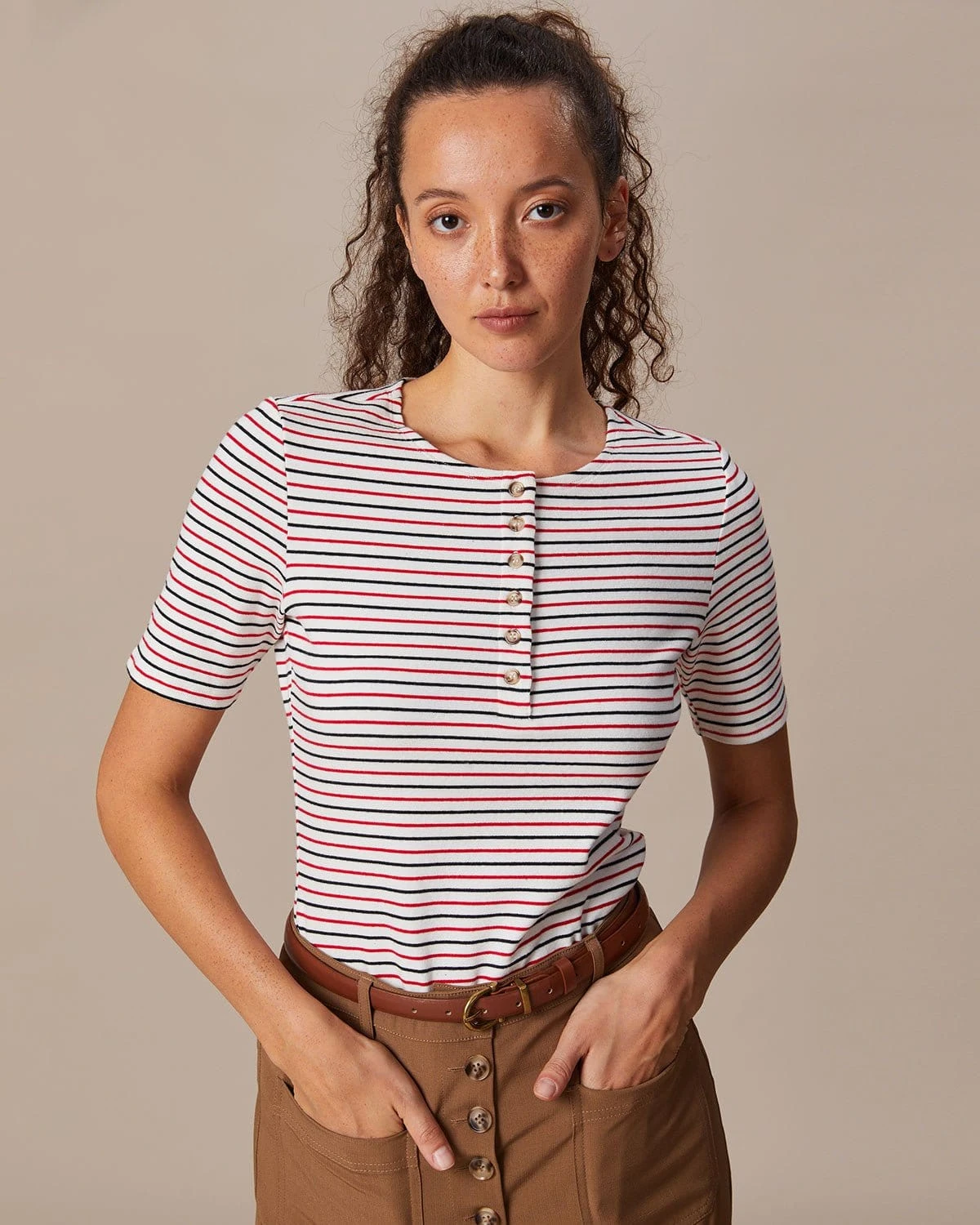 The Red Round Neck Button Striped Tee 1 The Red Round Neck Button Striped Tee