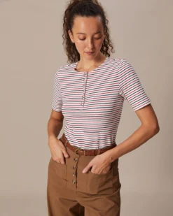 The Red Round Neck Button Striped Tee 7 The Red Round Neck Button Striped Tee -Deals Dress N Swimwear Store the round neck striped tee tops xdttpk 429254