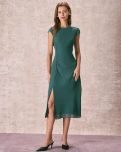 The Green Cap Sleeve Side Split Midi Dress -Deals Dress N Swimwear Store the ruched side split dress dresses topc8i