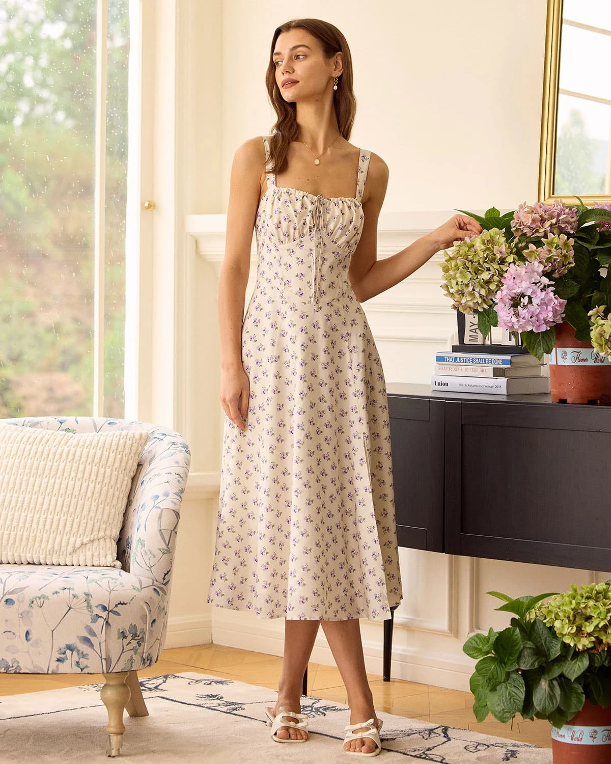 The Beige Ruched Split Hem Floral Midi Dress 1 The Beige Ruched Split Hem Floral Midi Dress