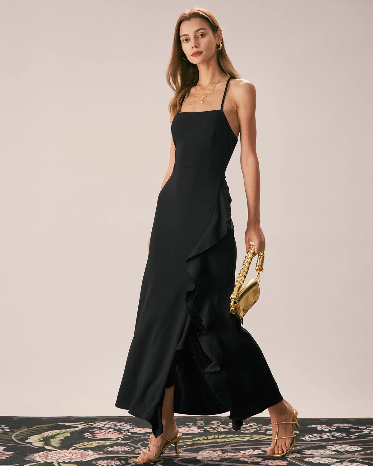 The Black Ruffle Cross Back Strap Maxi Dress 6 The Black Ruffle Cross Back Strap Maxi Dress - Image 6