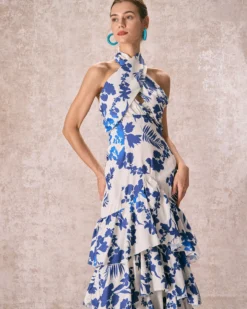 The Blue Halter Cut Out Ruffle Maxi Dress