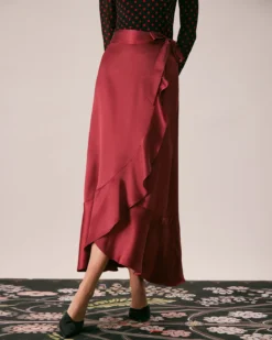 The Wine Red Drawstring Ruffle Satin Midi Skirt -Deals Dress N Swimwear Store the ruffle solid satin midi skirt bottoms 1z4fyd