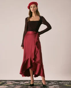 The Wine Red Drawstring Ruffle Satin Midi Skirt -Deals Dress N Swimwear Store the ruffle solid satin midi skirt bottoms jbkvsb