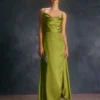 The Green Cowl Neck Split Satin Maxi Dress