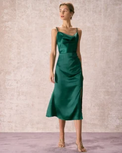 The Green Cowl Neck Side Split Midi Dress 11 The Green Cowl Neck Side Split Midi Dress -Deals Dress N Swimwear Store the satin cowl neck side split dress dresses k1sjzu