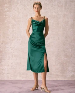 The Green Cowl Neck Side Split Midi Dress 12 The Green Cowl Neck Side Split Midi Dress -Deals Dress N Swimwear Store the satin cowl neck side split dress dresses muy2u9