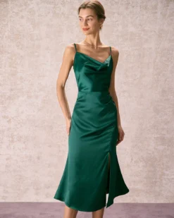 The Green Cowl Neck Side Split Midi Dress