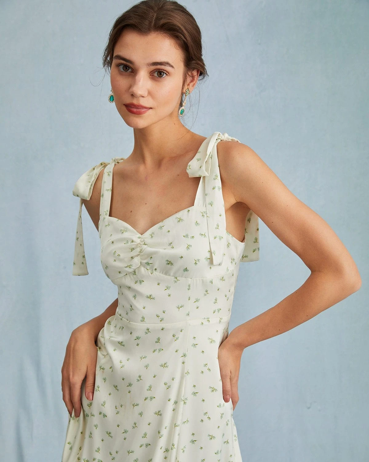 The Light Green Satin Floral Tie Strap Slit Midi Dress 2 The Light Green Satin Floral Tie Strap Slit Midi Dress - Image 2