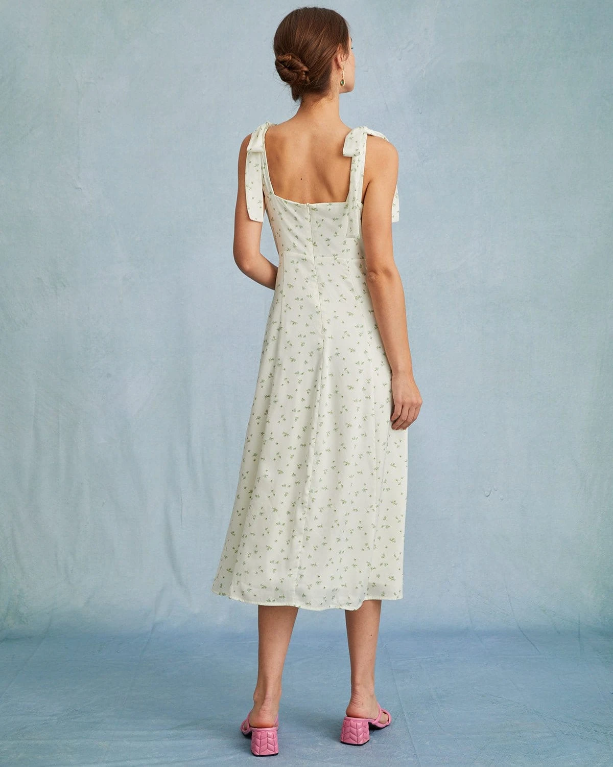 The Light Green Satin Floral Tie Strap Slit Midi Dress 5 The Light Green Satin Floral Tie Strap Slit Midi Dress - Image 5