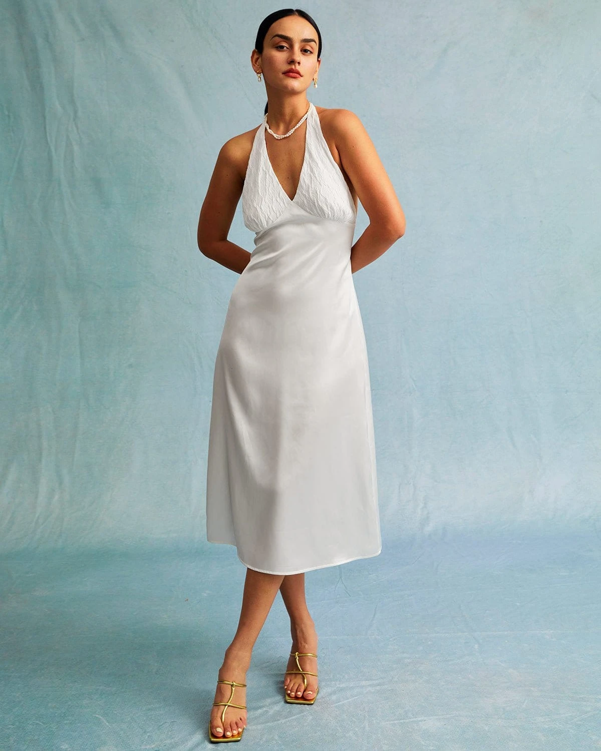 The White Halter Spliced Ruched Satin Midi Dress 2 The White Halter Spliced Ruched Satin Midi Dress - Image 2